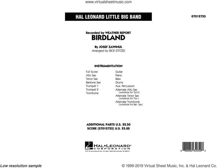 Birdland (COMPLETE) sheet music for jazz band by Rick Stitzel, Jon Hendricks, Josef Zawinul and Manhattan Transfer, intermediate skill level