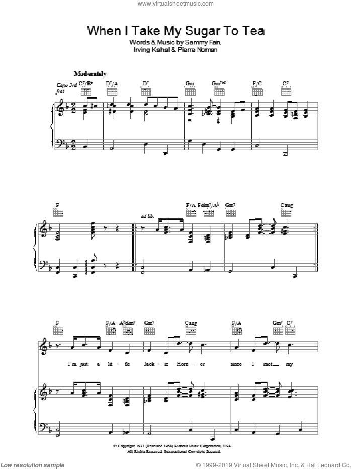 When I Take My Sugar To Tea sheet music for voice, piano or guitar by Sammy Fain, Irving Kahal and Pierre Norman Connor, intermediate skill level
