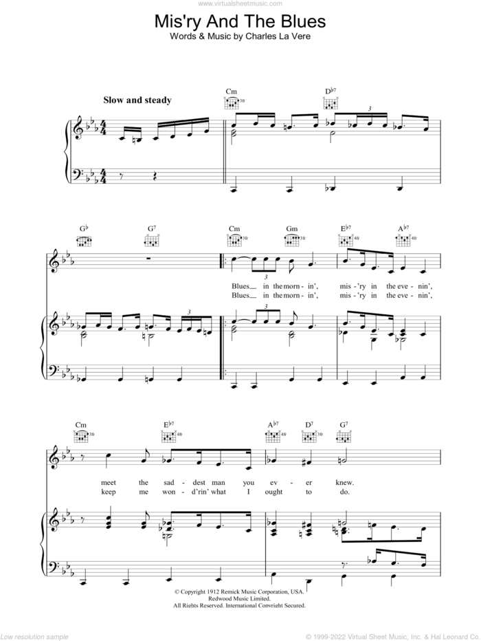 Mis'ry And The Blues sheet music for voice, piano or guitar by Charles La Vere, intermediate skill level