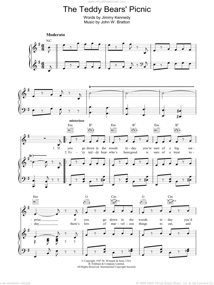 The Teddy Bears' Picnic sheet music for voice, piano or guitar by Jimmy Kennedy and John Bratton, intermediate skill level