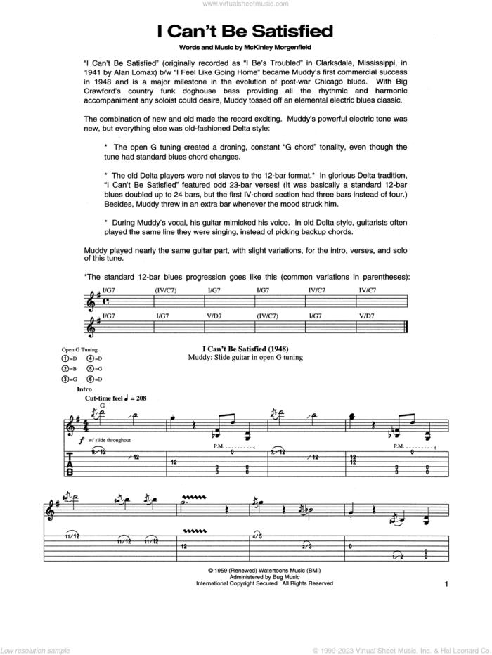 I Can't Be Satisfied sheet music for guitar (tablature) by Muddy Waters, intermediate skill level
