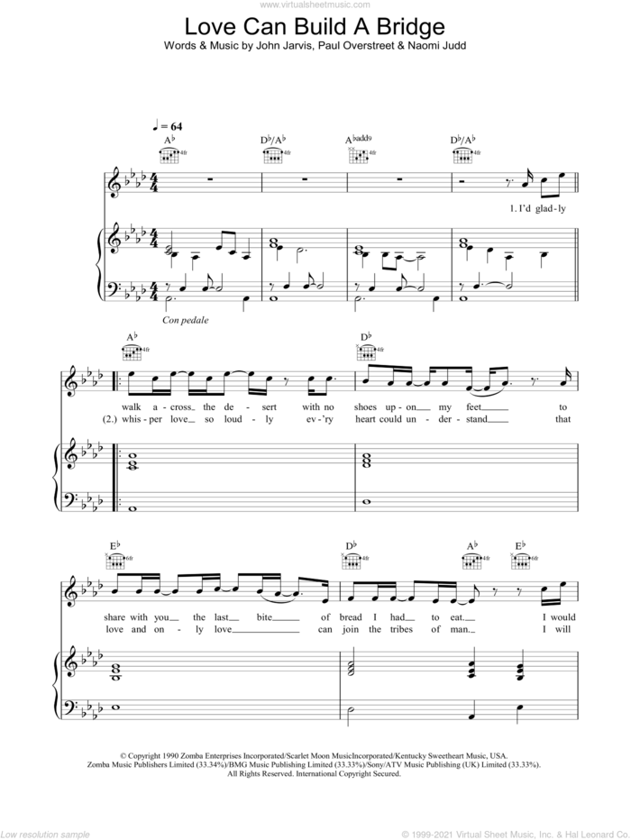 Love Can Build A Bridge sheet music for voice, piano or guitar by Westlife, John Jarvis, Naomi Judd and Paul Overstreet, intermediate skill level