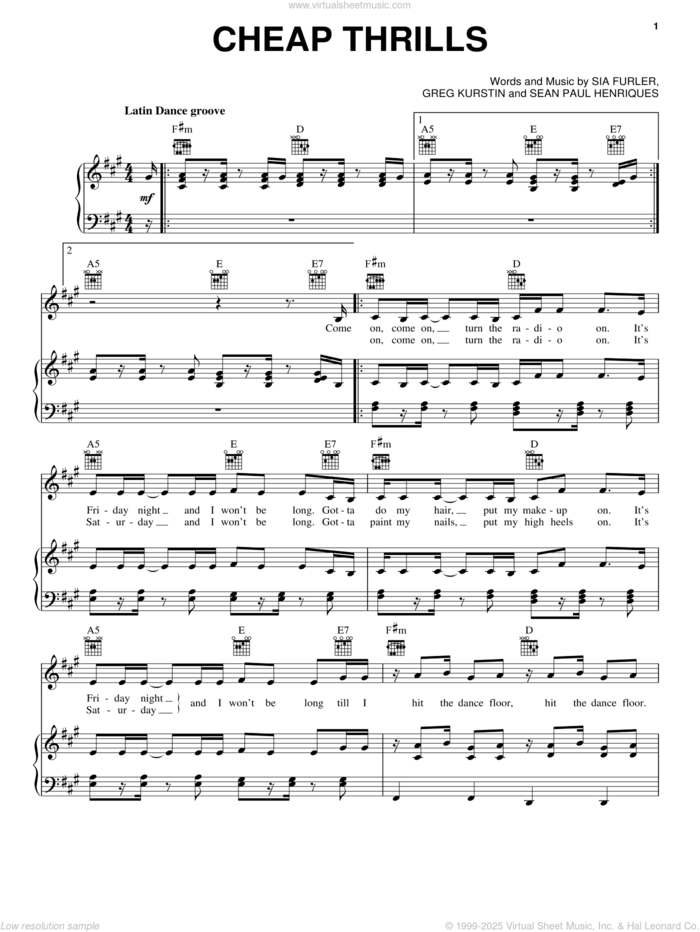 Cheap Thrills sheet music for voice, piano or guitar by Sia feat. Sean Paul, Sean Paul, Sia, Greg Kurstin, Sean Paul Henriques and Sia Furler, intermediate skill level