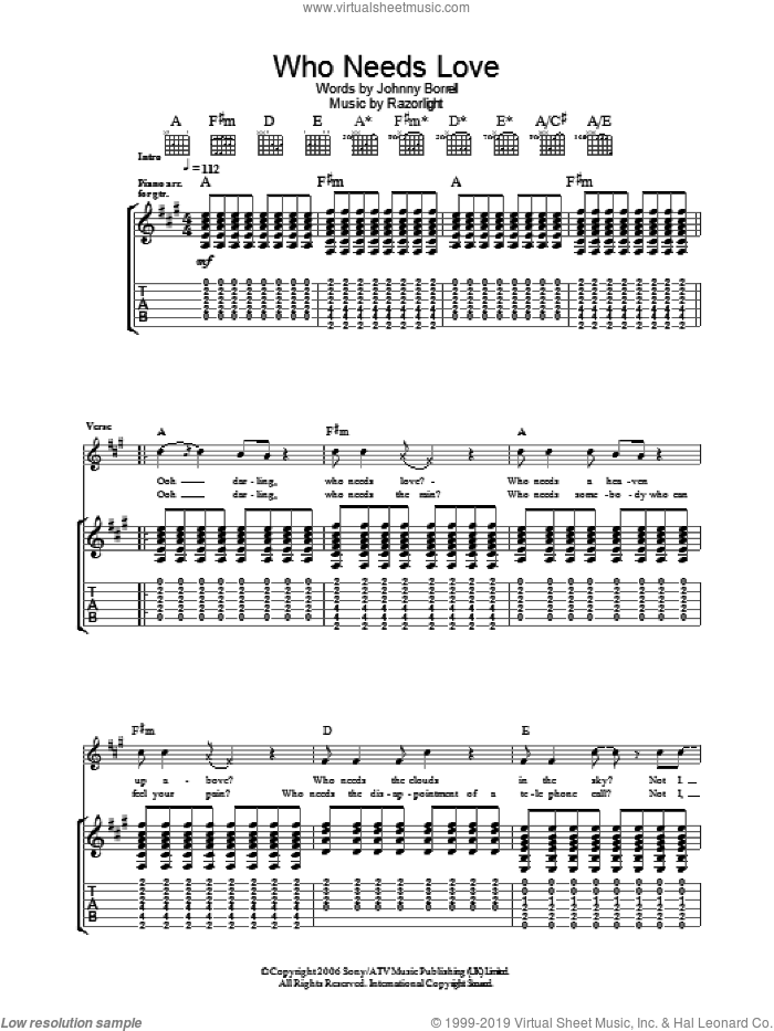 Who Needs Love sheet music for guitar (tablature) by Razorlight and Johnny Borrell, intermediate skill level