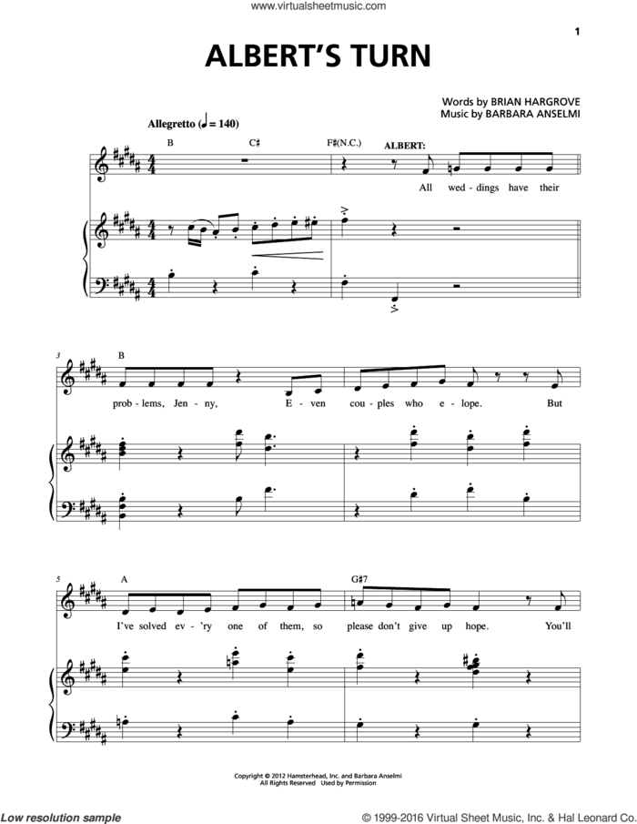 Albert's Turn sheet music for voice and piano by Barbara Anselmi, Barbara Anselmi and Brian Hargrove and Brian Hargrove, intermediate skill level