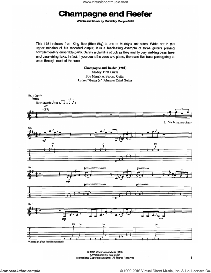 Champagne And Reefer sheet music for guitar (tablature) by Muddy Waters, intermediate skill level