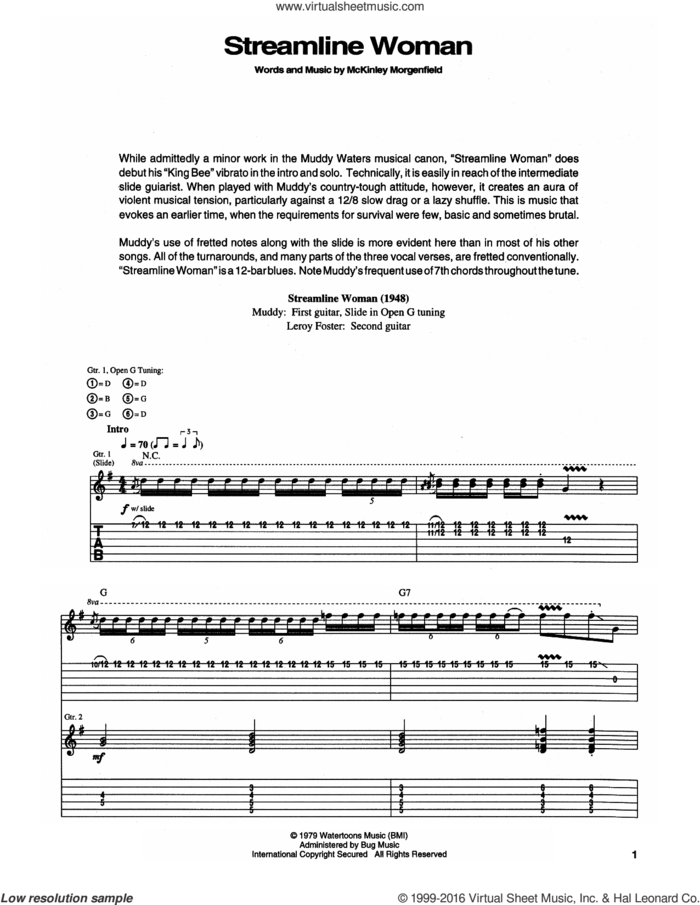 Streamline Woman sheet music for guitar (tablature) by Muddy Waters, intermediate skill level
