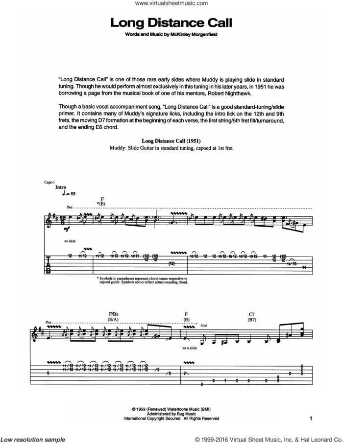 Long Distance Call sheet music for guitar (tablature) by Muddy Waters, intermediate skill level