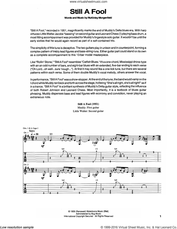 Still A Fool sheet music for guitar (tablature) by Muddy Waters, intermediate skill level
