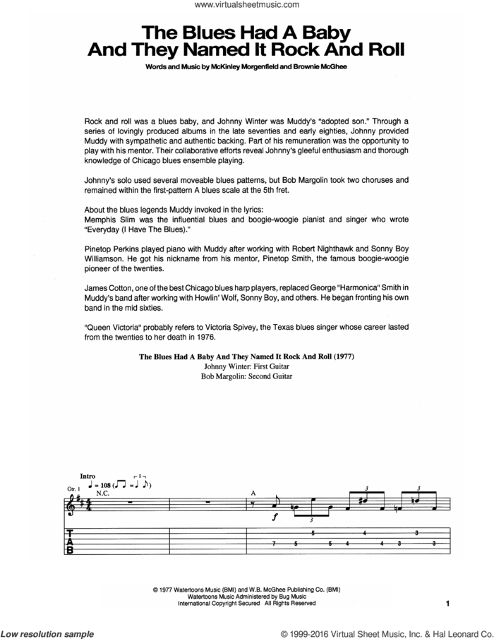 The Blues Had A Baby And They Named It Rock And Roll sheet music for guitar (tablature) by Muddy Waters and Brownie McGhee, intermediate skill level