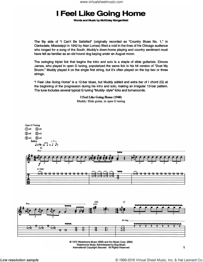 I Feel Like Going Home sheet music for guitar (tablature) by Muddy Waters, intermediate skill level
