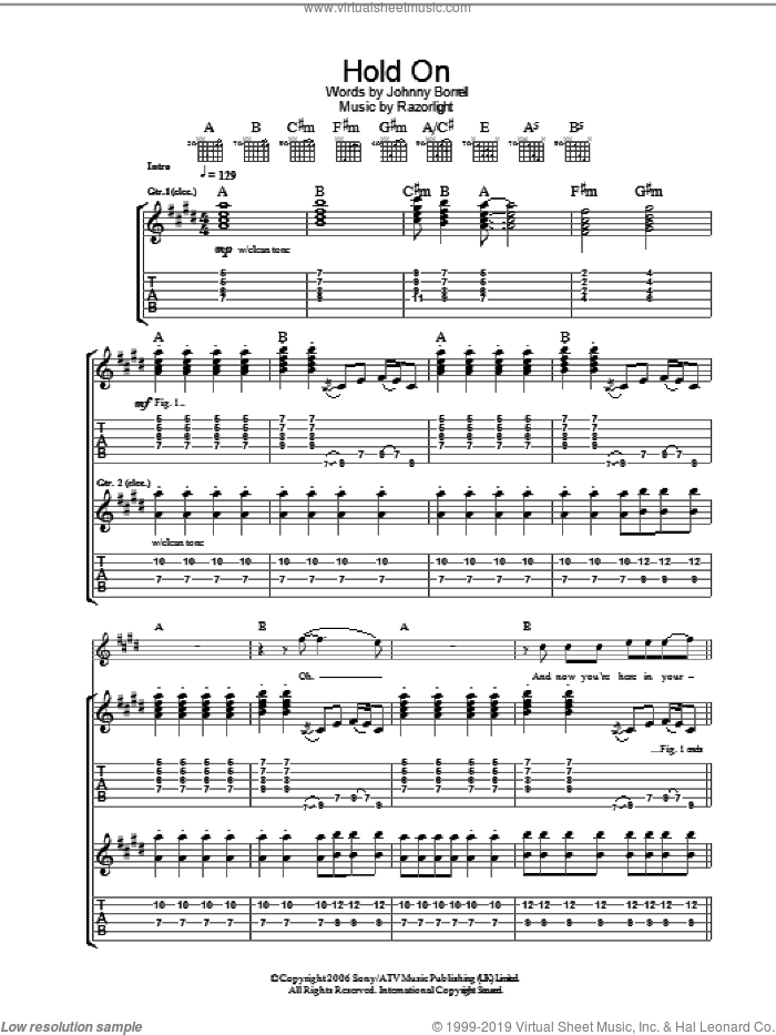 Hold On sheet music for guitar (tablature) by Razorlight and Johnny Borrell, intermediate skill level