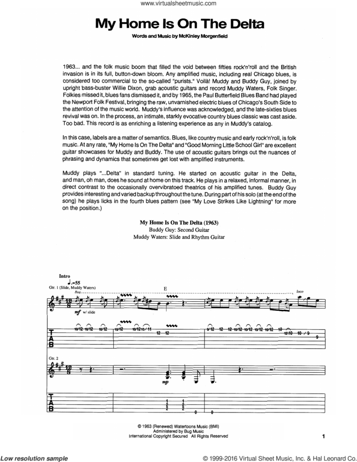 My Home Is On The Delta sheet music for guitar (tablature) by Muddy Waters, intermediate skill level