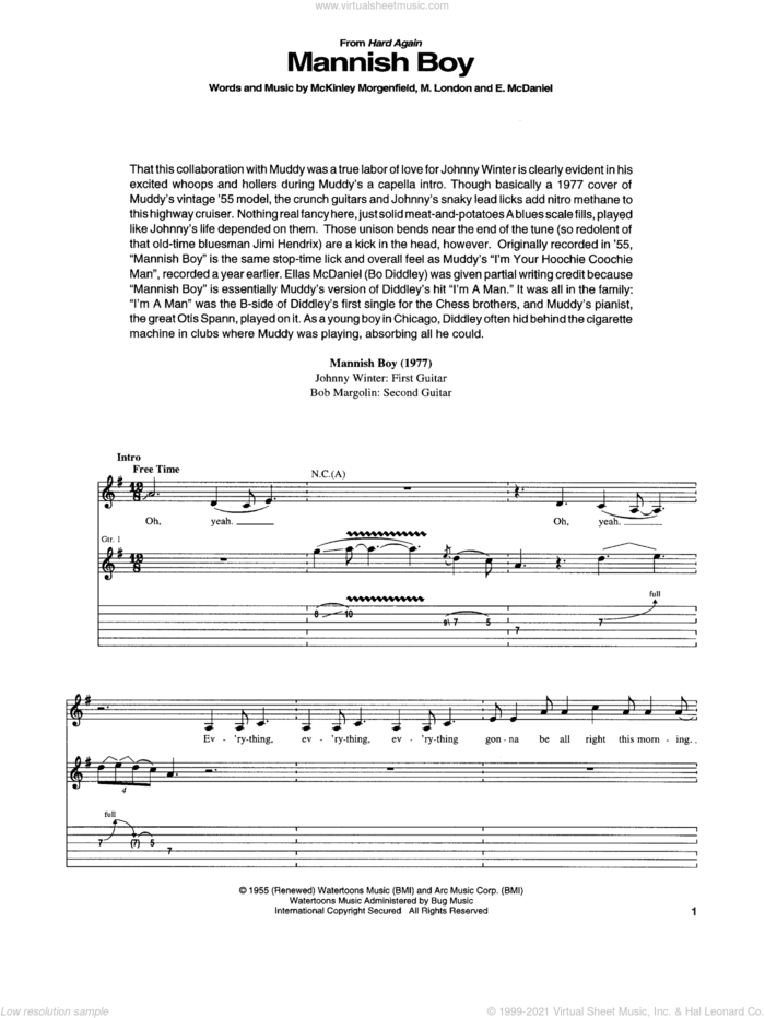 Mannish Boy sheet music for guitar (tablature) by Ellas McDaniels, Jimi Hendrix, Muddy Waters, McKinley Morganfield and Melvin London, intermediate skill level