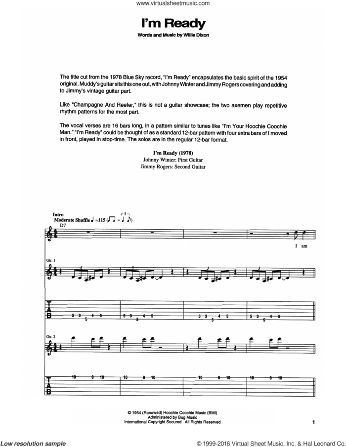 I'm Ready sheet music for guitar (tablature) by Muddy Waters and Willie Dixon, intermediate skill level