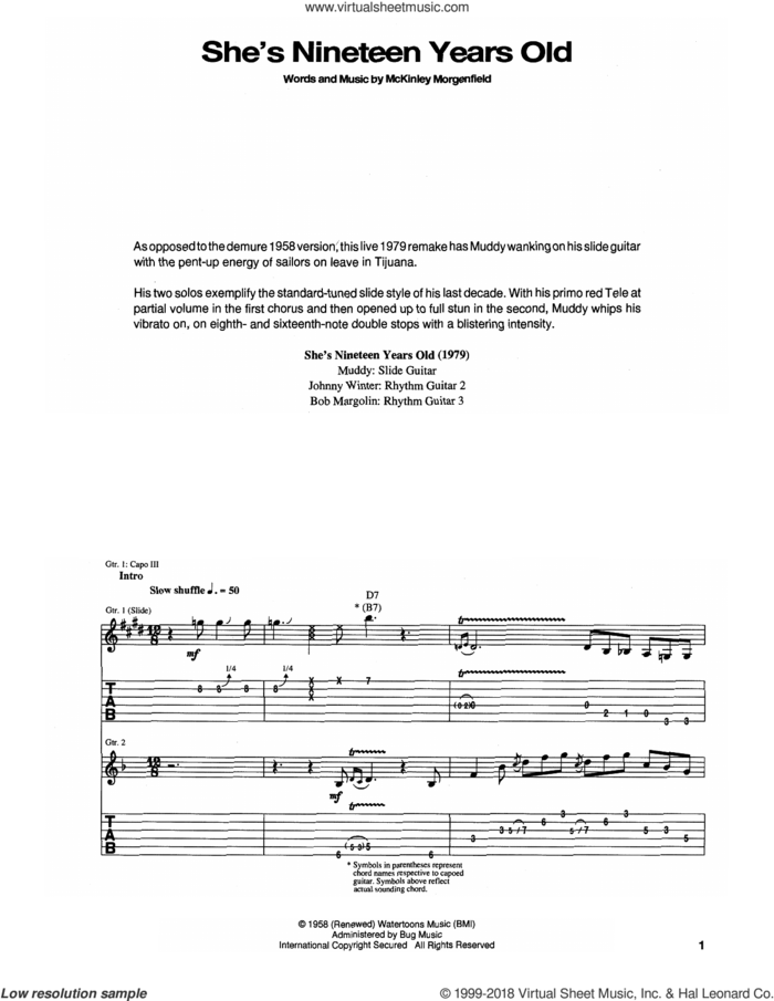 She's Nineteen Years Old sheet music for guitar (tablature) by Muddy Waters, intermediate skill level