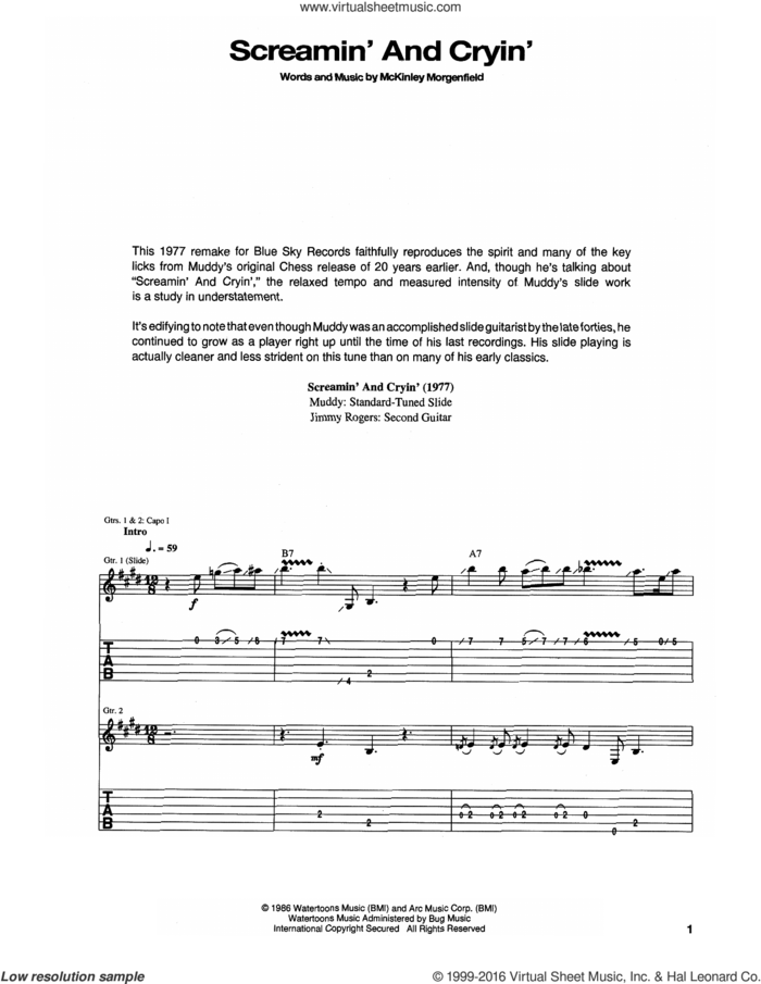 Screamin' And Cryin' sheet music for guitar (tablature) by Muddy Waters, intermediate skill level