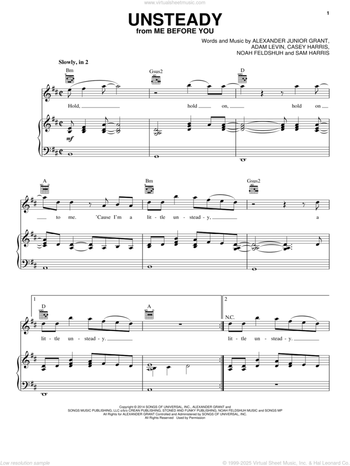 Unsteady sheet music for voice, piano or guitar by X Ambassadors, Adam Levin, Alexander Junior Grant, Casey Harris, Noah Feldshuh and Samuel Harris, intermediate skill level