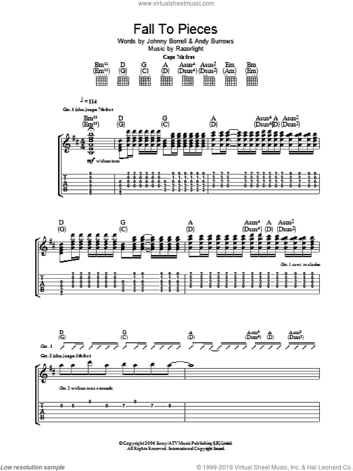 Fall To Pieces sheet music for guitar (tablature) by Razorlight, Andy Burrows and Johnny Borrell, intermediate skill level