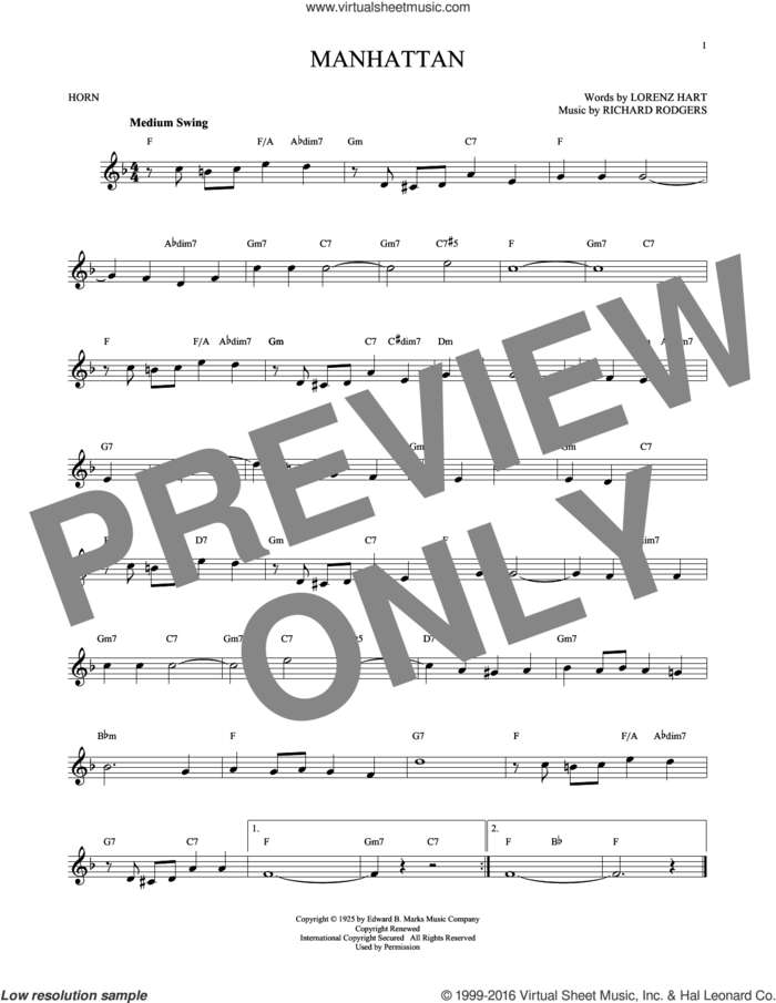Manhattan sheet music for horn solo by Rodgers & Hart, Lorenz Hart and Richard Rodgers, intermediate skill level