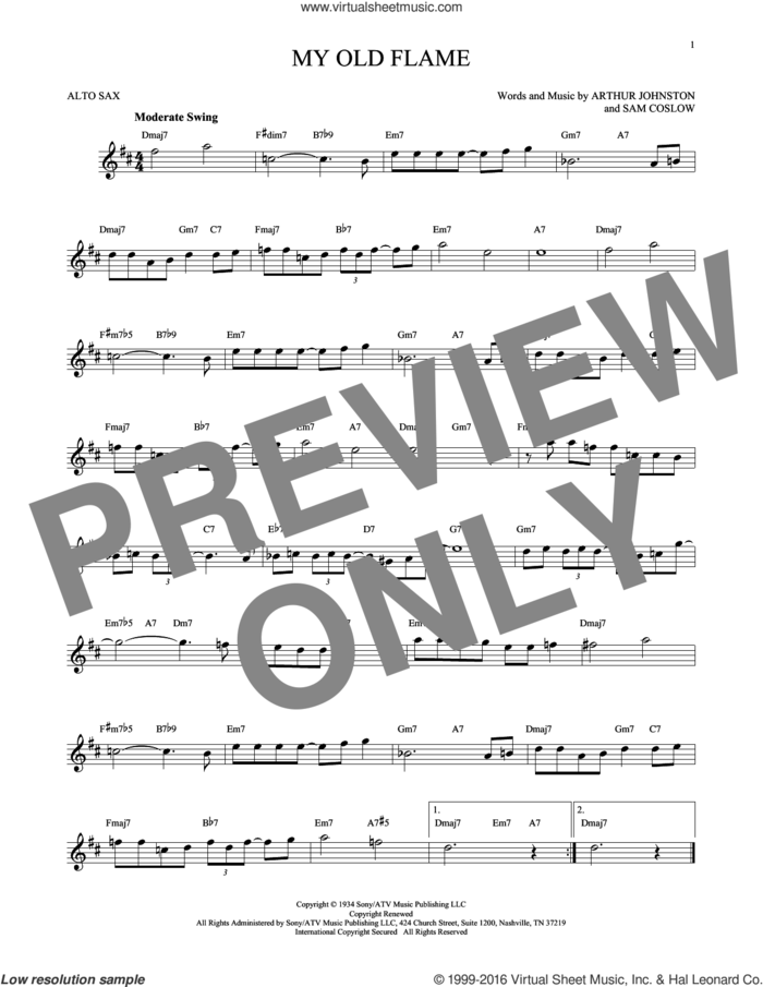My Old Flame sheet music for alto saxophone solo by Arthur Johnston, Peggy Lee and Sam Coslow, intermediate skill level