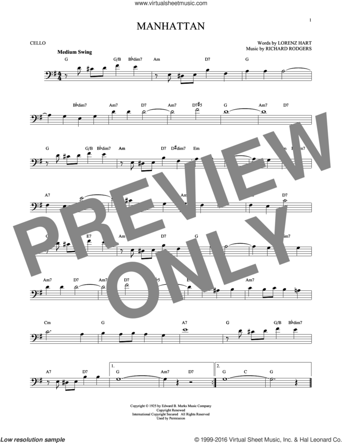 Manhattan sheet music for cello solo by Rodgers & Hart, Lorenz Hart and Richard Rodgers, intermediate skill level
