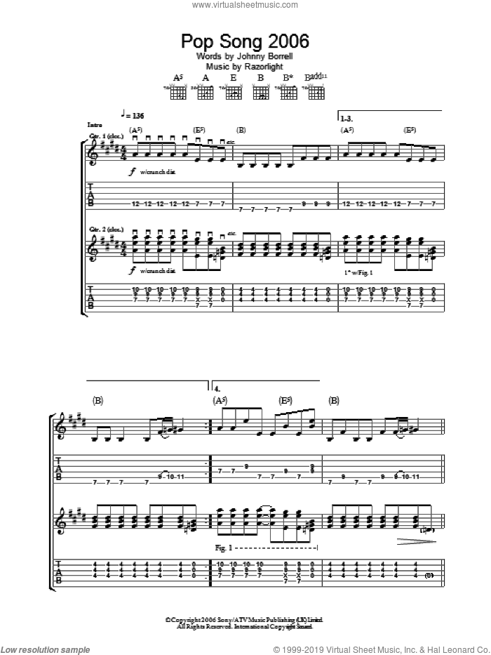 Pop Song 2006 sheet music for guitar (tablature) by Razorlight and Johnny Borrell, intermediate skill level
