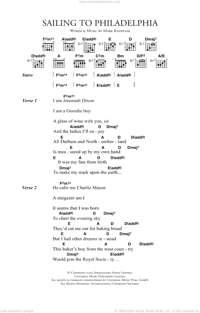 Sailing To Philadelphia sheet music for guitar (chords) by Mark Knopfler, intermediate skill level