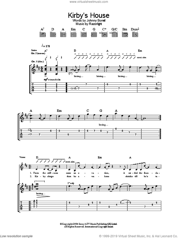 Kirby's House sheet music for guitar (tablature) by Razorlight and Johnny Borrell, intermediate skill level