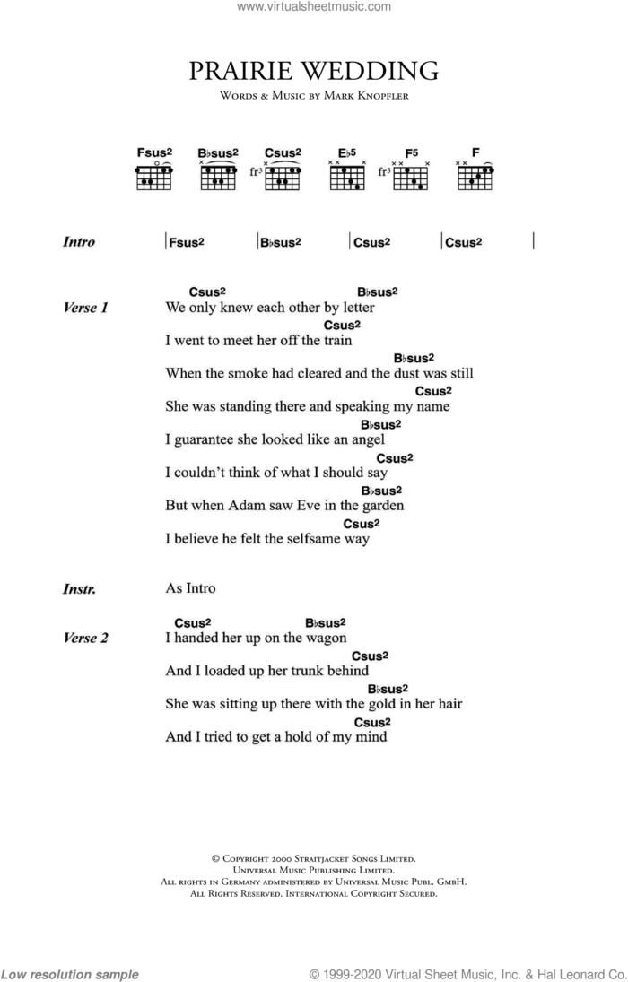 Prairie Wedding sheet music for guitar (chords) by Mark Knopfler, intermediate skill level