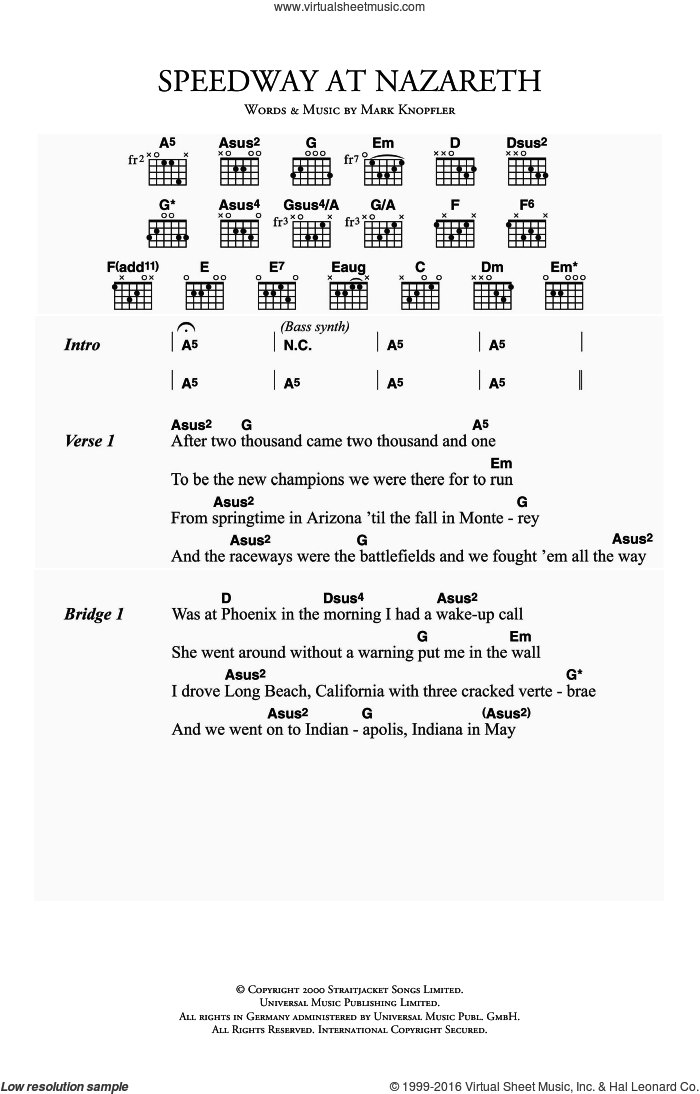 Speedway At Nazareth sheet music for guitar (chords) by Mark Knopfler, intermediate skill level