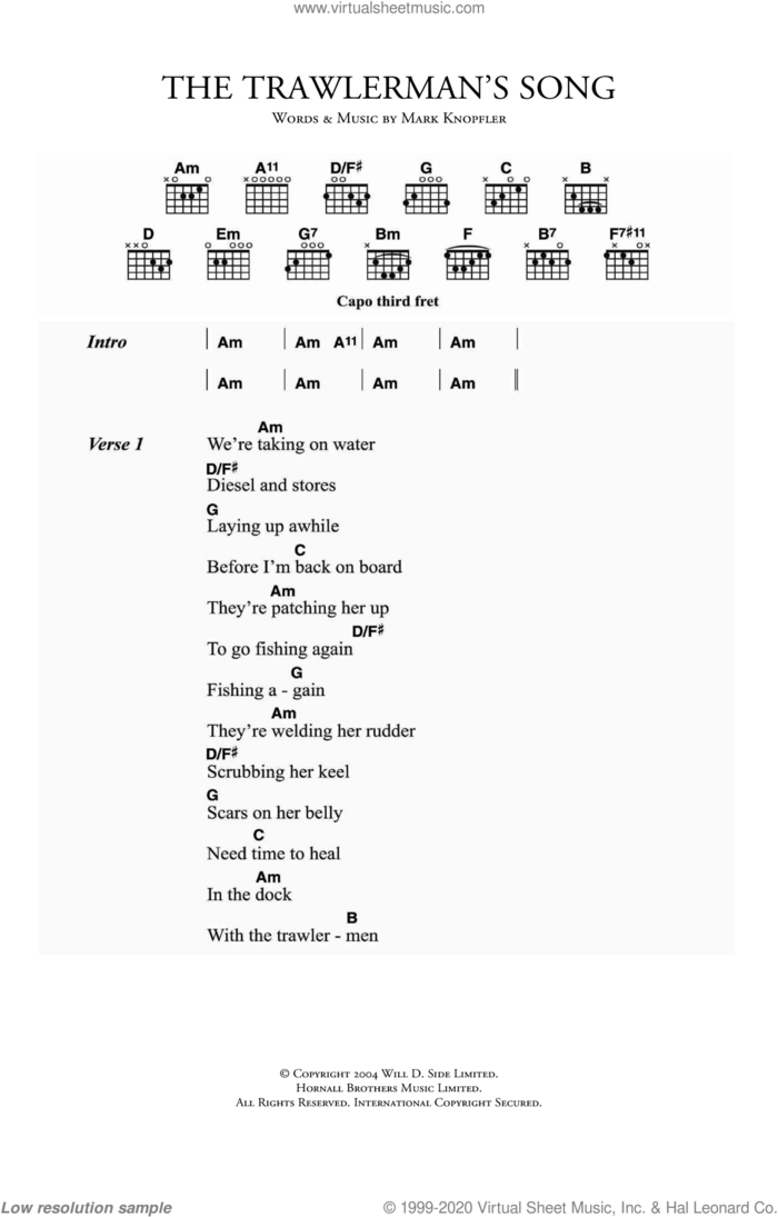 The Trawlerman's Song sheet music for guitar (chords) by Mark Knopfler, intermediate skill level
