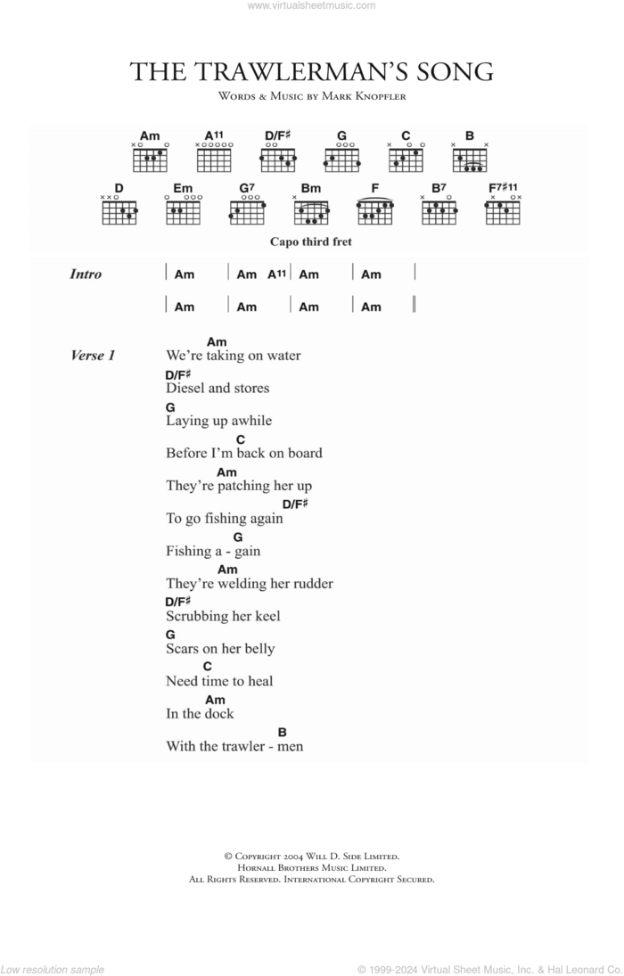 The Trawlerman's Song sheet music for guitar (chords) by Mark Knopfler, intermediate skill level