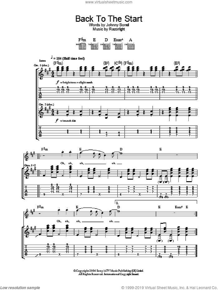 Back To The Start sheet music for guitar (tablature) by Razorlight and Johnny Borrell, intermediate skill level