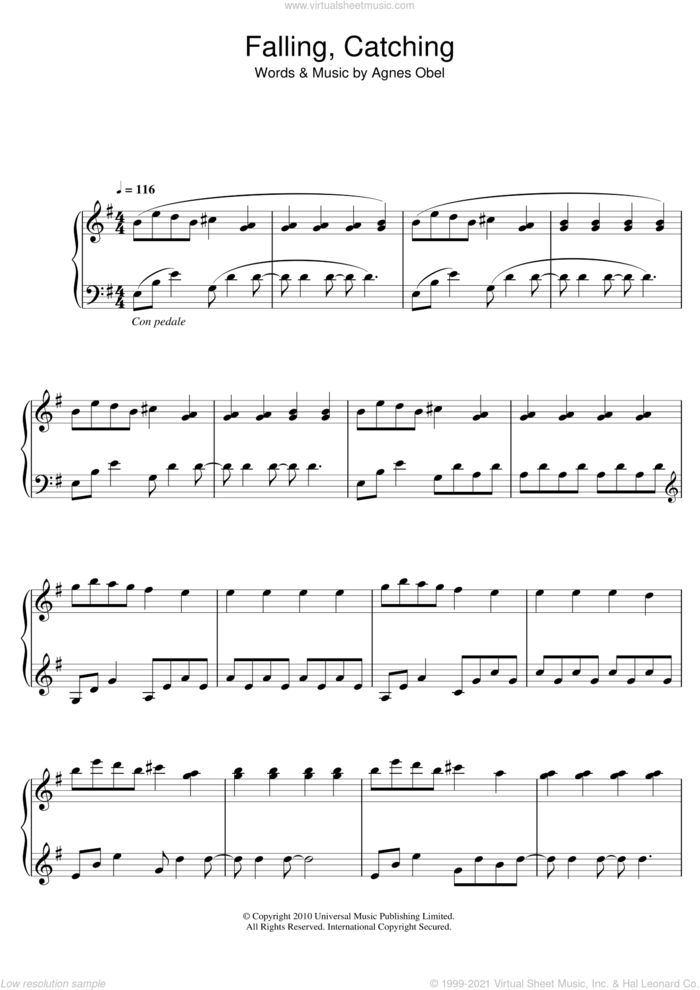 Falling, Catching sheet music for piano solo by Agnes Obel, intermediate skill level