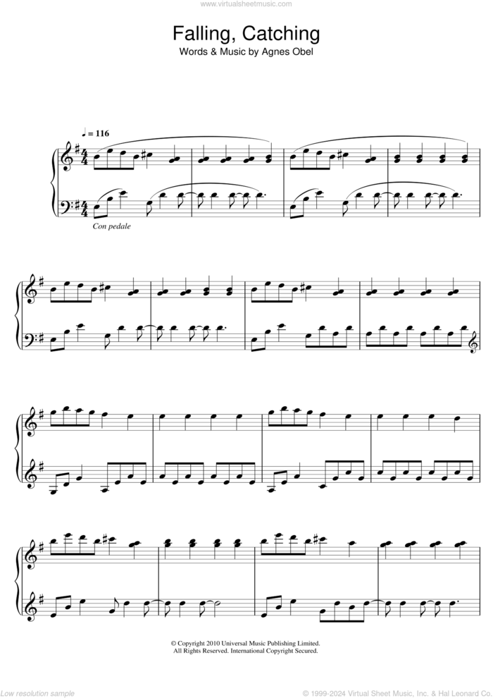 Falling, Catching sheet music for piano solo by Agnes Obel, intermediate skill level