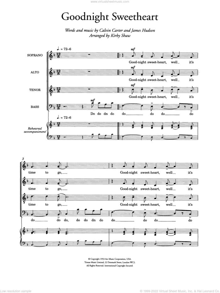 Goodnight Sweetheart (arr. Kirby Shaw) sheet music for choir by The Spaniels, Kirby Shaw, Calvin Carter and James Hudson, intermediate skill level