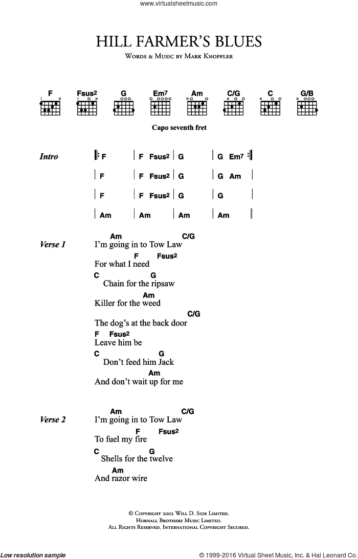 Hill Farmer's Blues sheet music for guitar (chords) by Mark Knopfler, intermediate skill level
