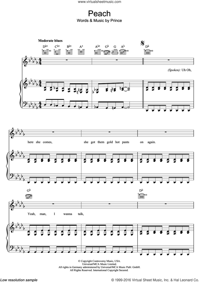 Peach sheet music for voice, piano or guitar by Prince, intermediate skill level