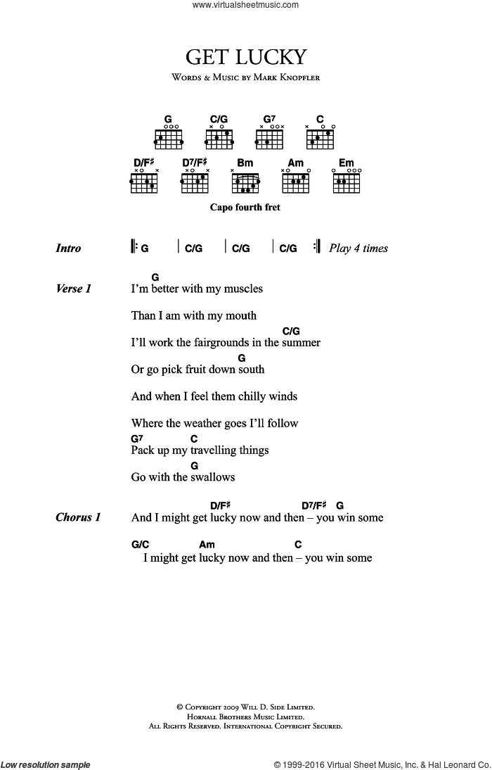 Get Lucky sheet music for guitar (chords) by Mark Knopfler, intermediate skill level