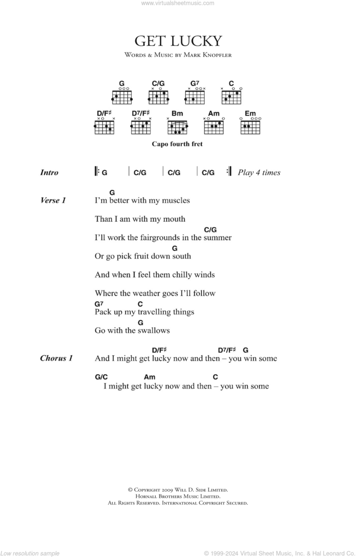 Get Lucky sheet music for guitar (chords) by Mark Knopfler, intermediate skill level