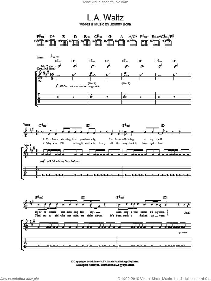 Los Angeles Waltz sheet music for guitar (tablature) by Razorlight and Johnny Borrell, intermediate skill level