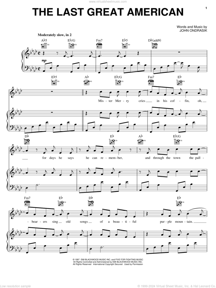 The Last Great American sheet music for voice, piano or guitar by Five For Fighting and John Ondrasik, intermediate skill level