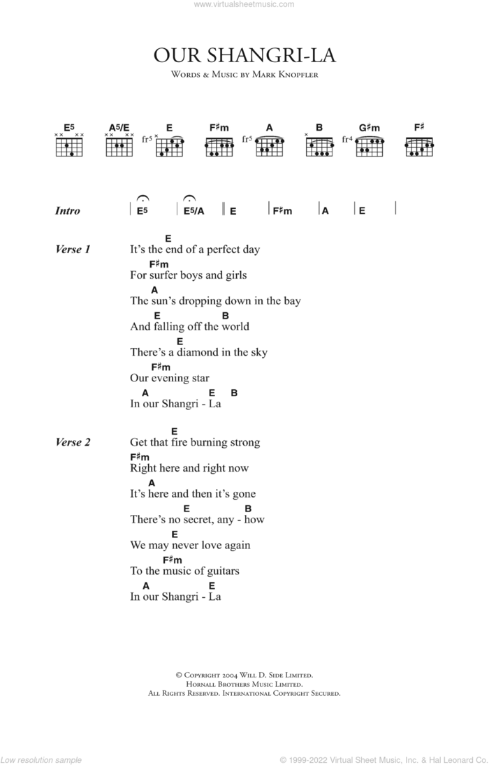 Our Shangri-La sheet music for guitar (chords) by Mark Knopfler, intermediate skill level