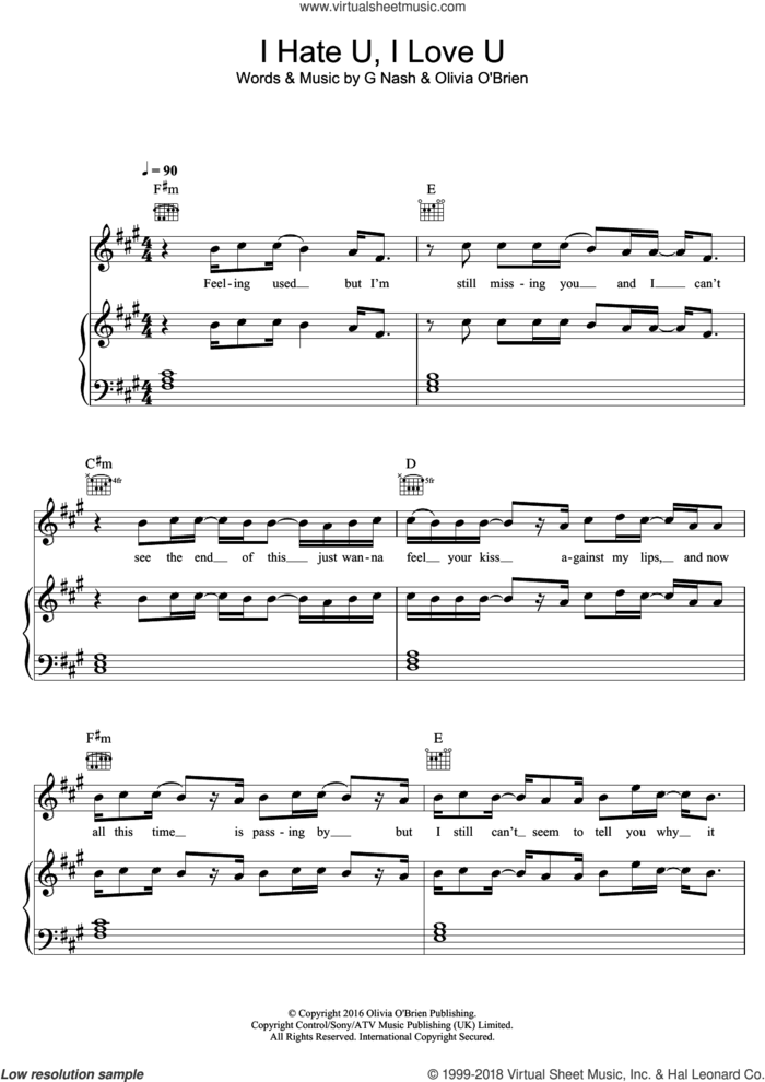 I Hate U, I Love U (featuring Olivia O'Brien) sheet music for voice, piano or guitar by Gnash and G Nash, intermediate skill level