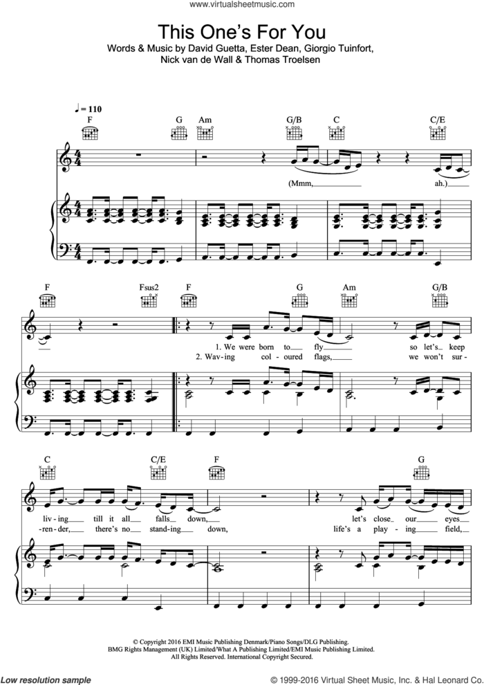 This One's For You sheet music for voice, piano or guitar by David Guetta, Ester Dean, Giorgio Tuinfort, Nick van de Wall and Thomas Troelsen, intermediate skill level