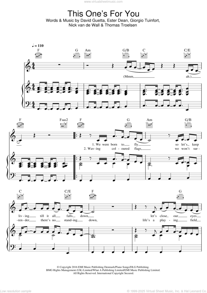 This One's For You sheet music for voice, piano or guitar by David Guetta, Ester Dean, Giorgio Tuinfort, Nick van de Wall and Thomas Troelsen, intermediate skill level