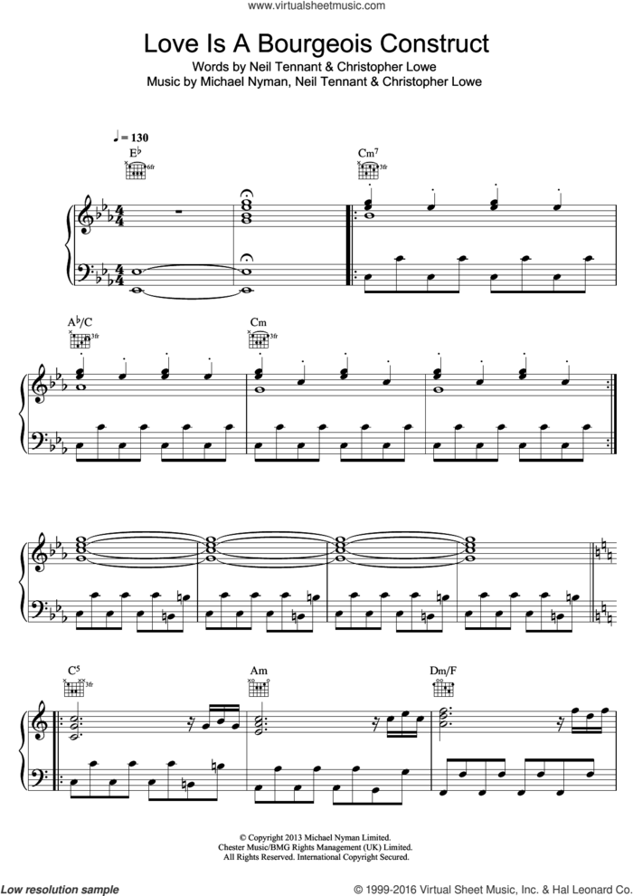 Love Is A Bourgeois Construct sheet music for voice, piano or guitar by Pet Shop Boys, Christopher Lowe, Michael Nyman and Neil Tennant, intermediate skill level