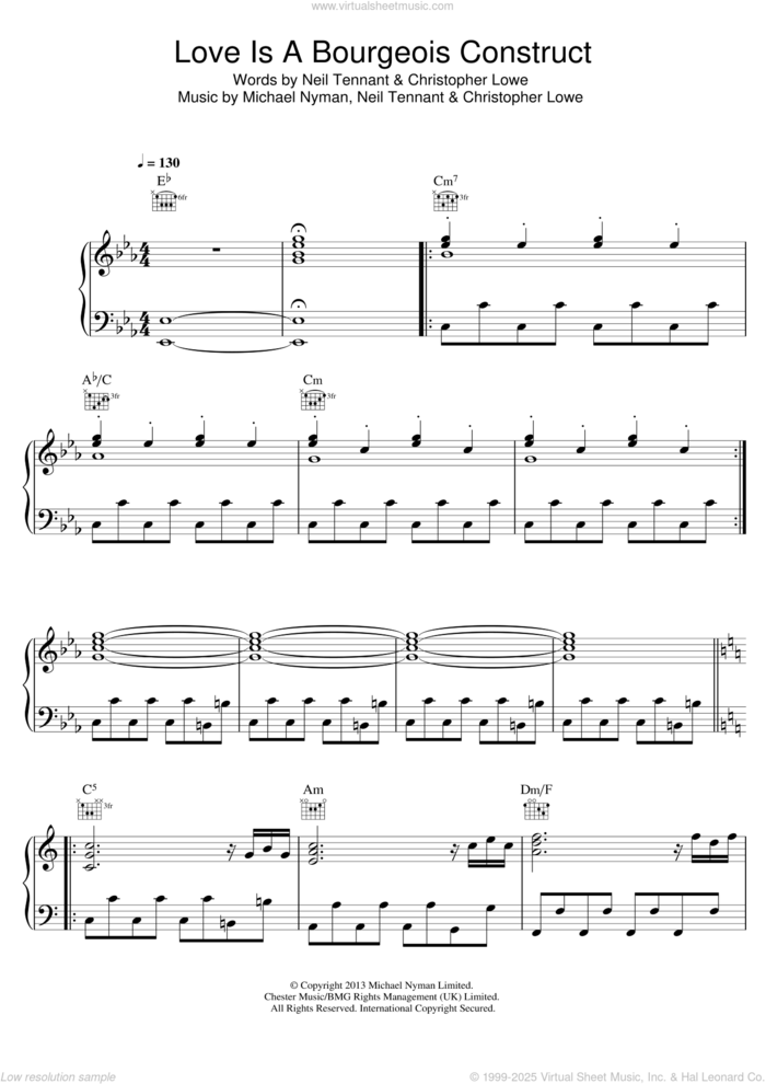 Love Is A Bourgeois Construct sheet music for voice, piano or guitar by Pet Shop Boys, Christopher Lowe, Michael Nyman and Neil Tennant, intermediate skill level