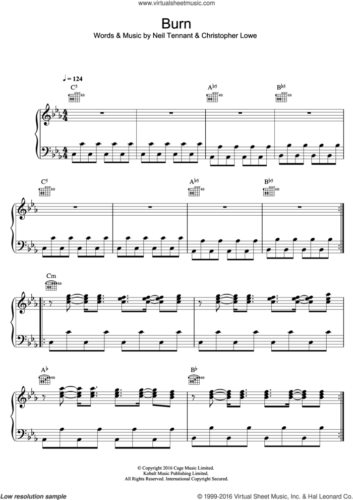 Burn sheet music for voice, piano or guitar by Pet Shop Boys, Christopher Lowe and Neil Tennant, intermediate skill level